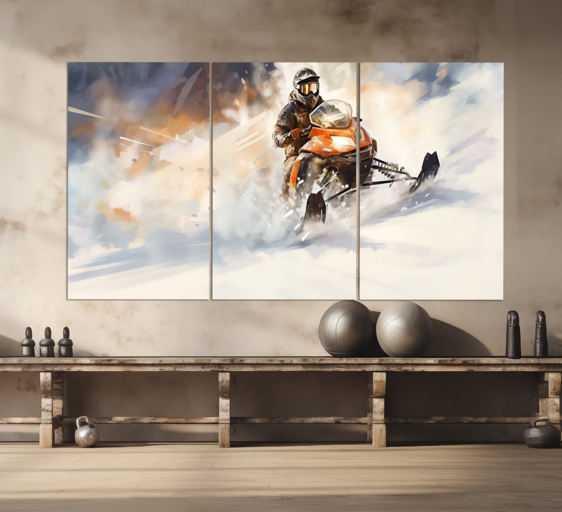 Orange Snowmobile Speeding Snow Watercolor Painting Winter Poster - Image 3