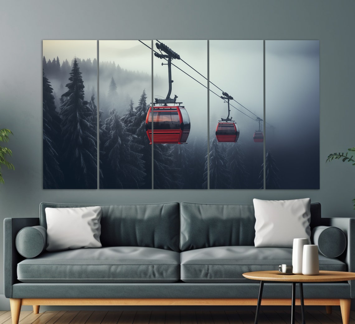 Red Cable Car Gondolas Misty Snowy Pine Forest Dusk View Poster - Image 5
