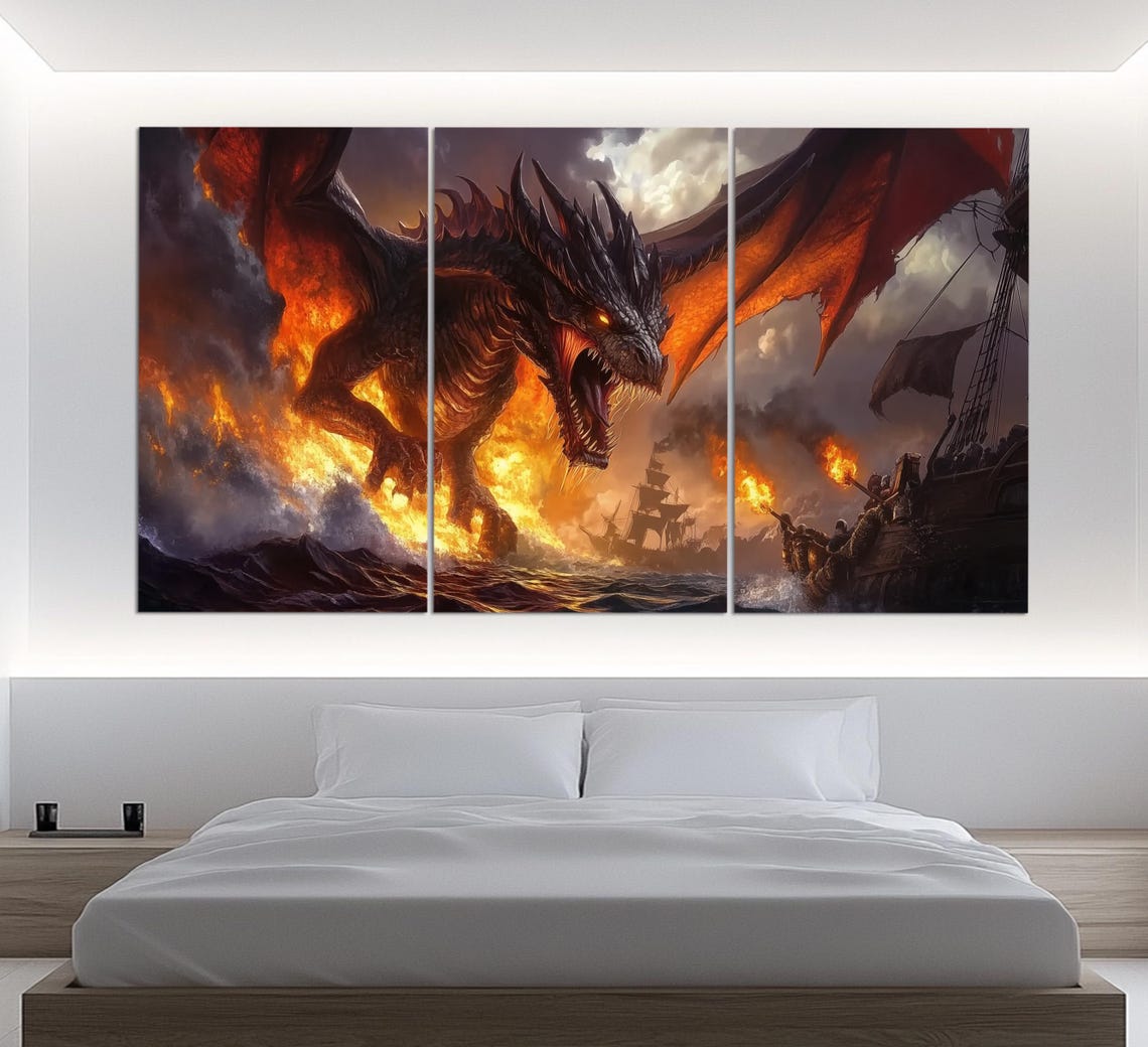 Fight With Dragon Print In A Vintage Oil Painting Style Sea Fantasy Wall Art Dragon Painting Medieval Wall Art Sea Battle Poster - Image 3