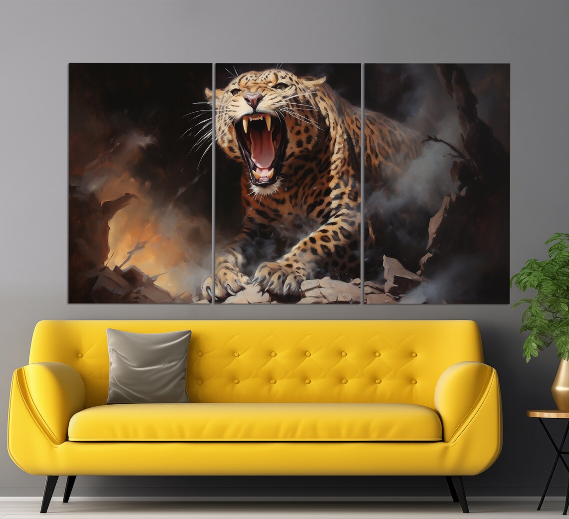 Roaring Leopard Dramatic Vintage Oil Painting Powerful Big Cat Wall Art Print - Image 3
