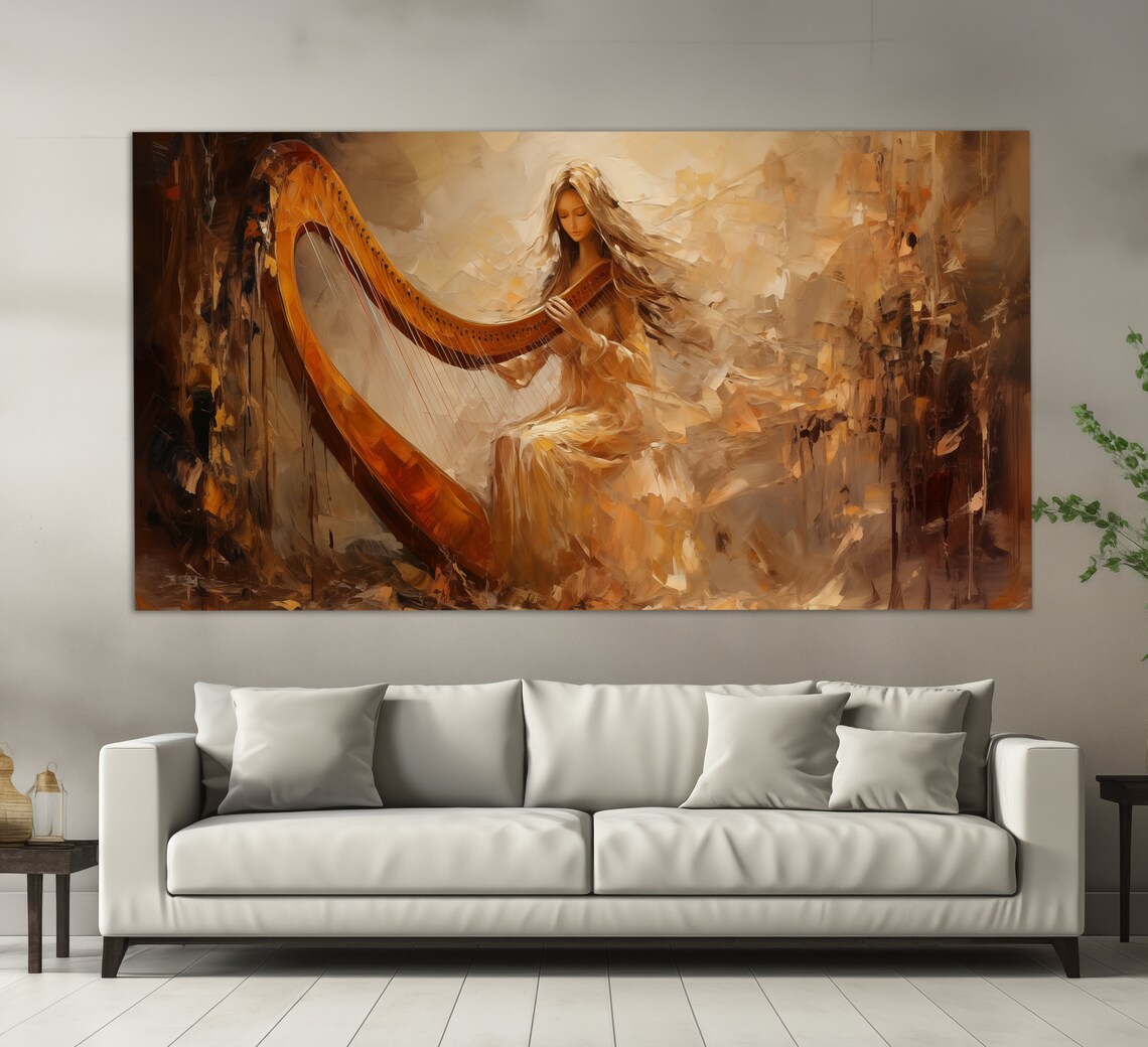 Golden Harpist Girl Playing Harp Abstract Warm Amber Oil Painting Poster