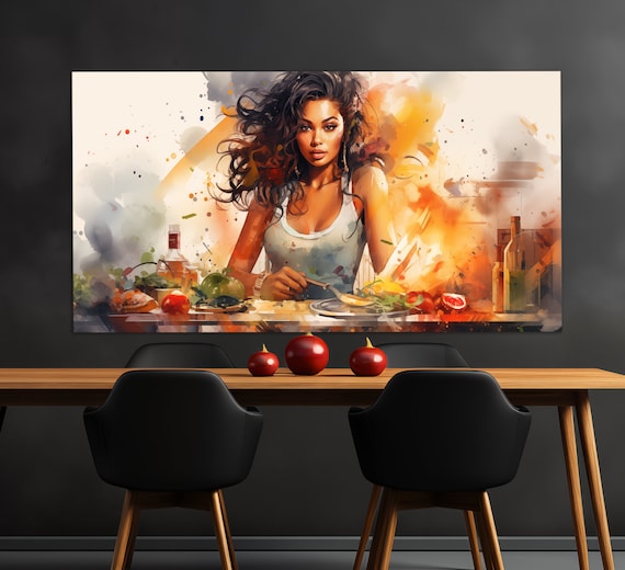 Woman Cooking In Warm Kitchen Watercolor Splashes Of Orange And Gold Print
