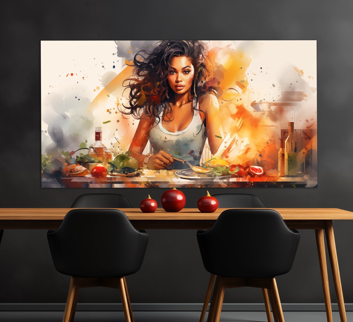 Woman Cooking In Warm Kitchen Watercolor Splashes Of Orange And Gold Print