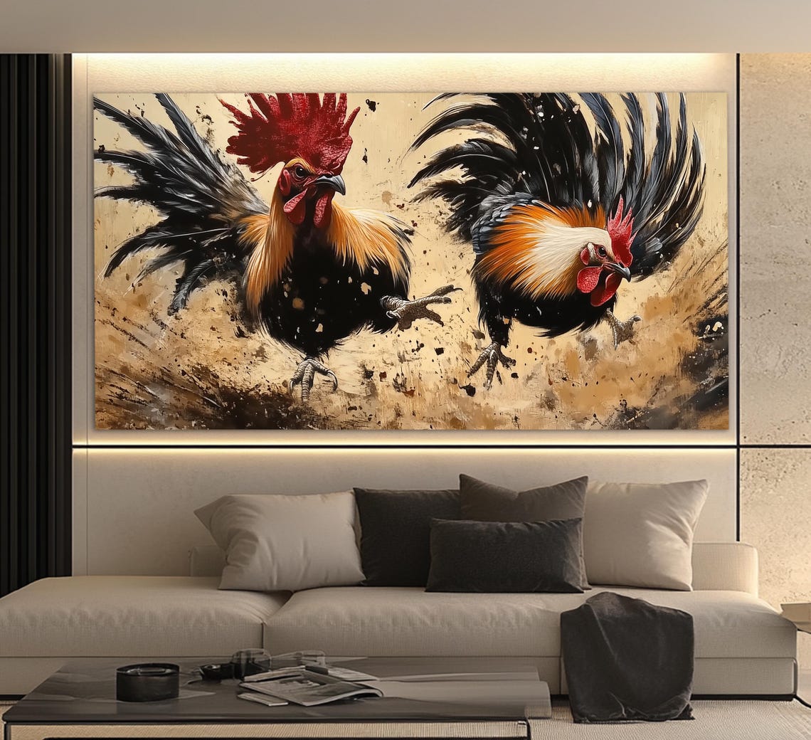 Two Fighting Roosters Fierce Dynamic Action Art Feathers Flying Poster