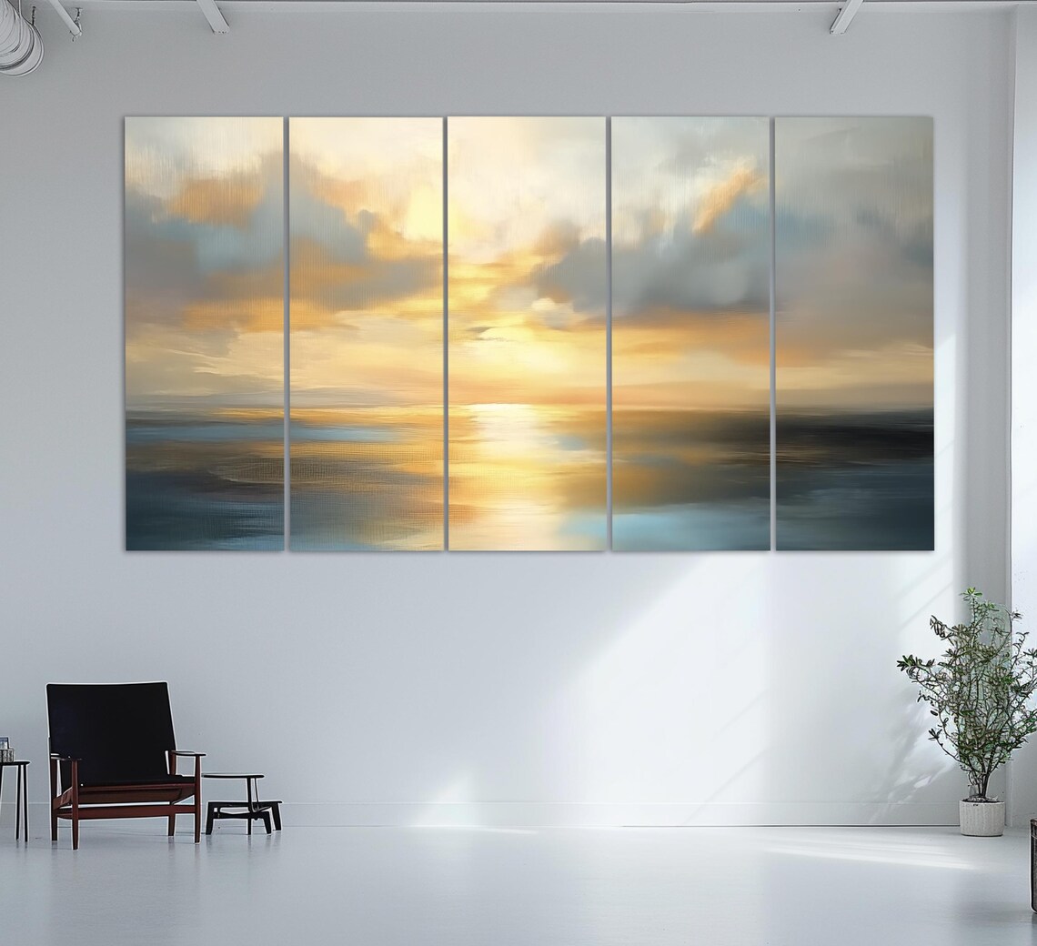 Golden Ocean Sunset Calm Sea Reflections Oil Painting Travel Poster - Image 2