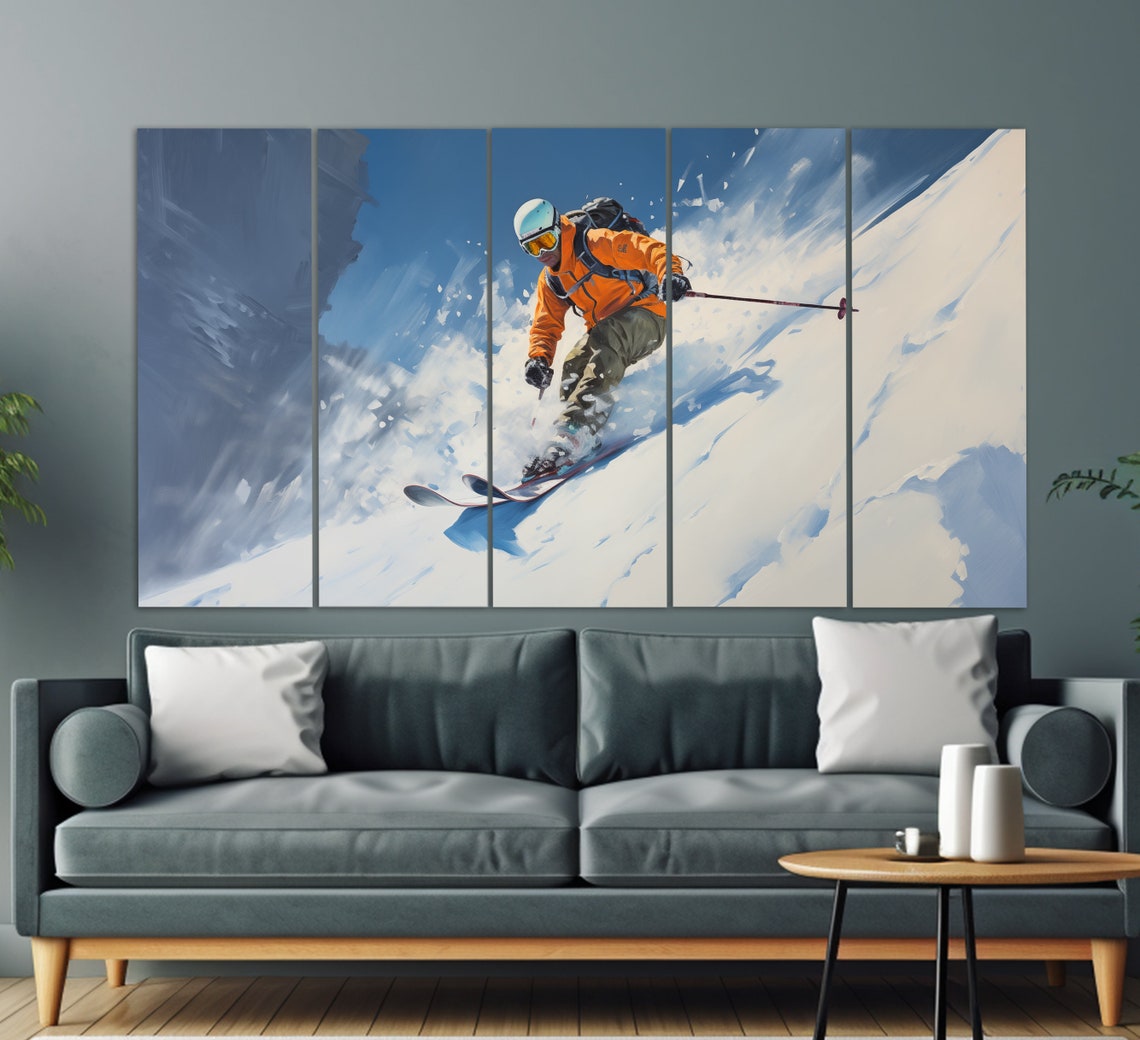 Freeride Skier Powder Slope Orange Jacket Blue Sky Oil Painting Poster - Image 2
