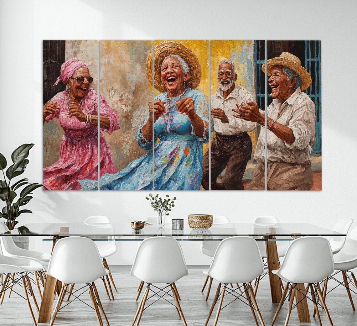 Four Elderly Friends Dancing Joyfully Caribbean Street Party Art Poster - Image 2