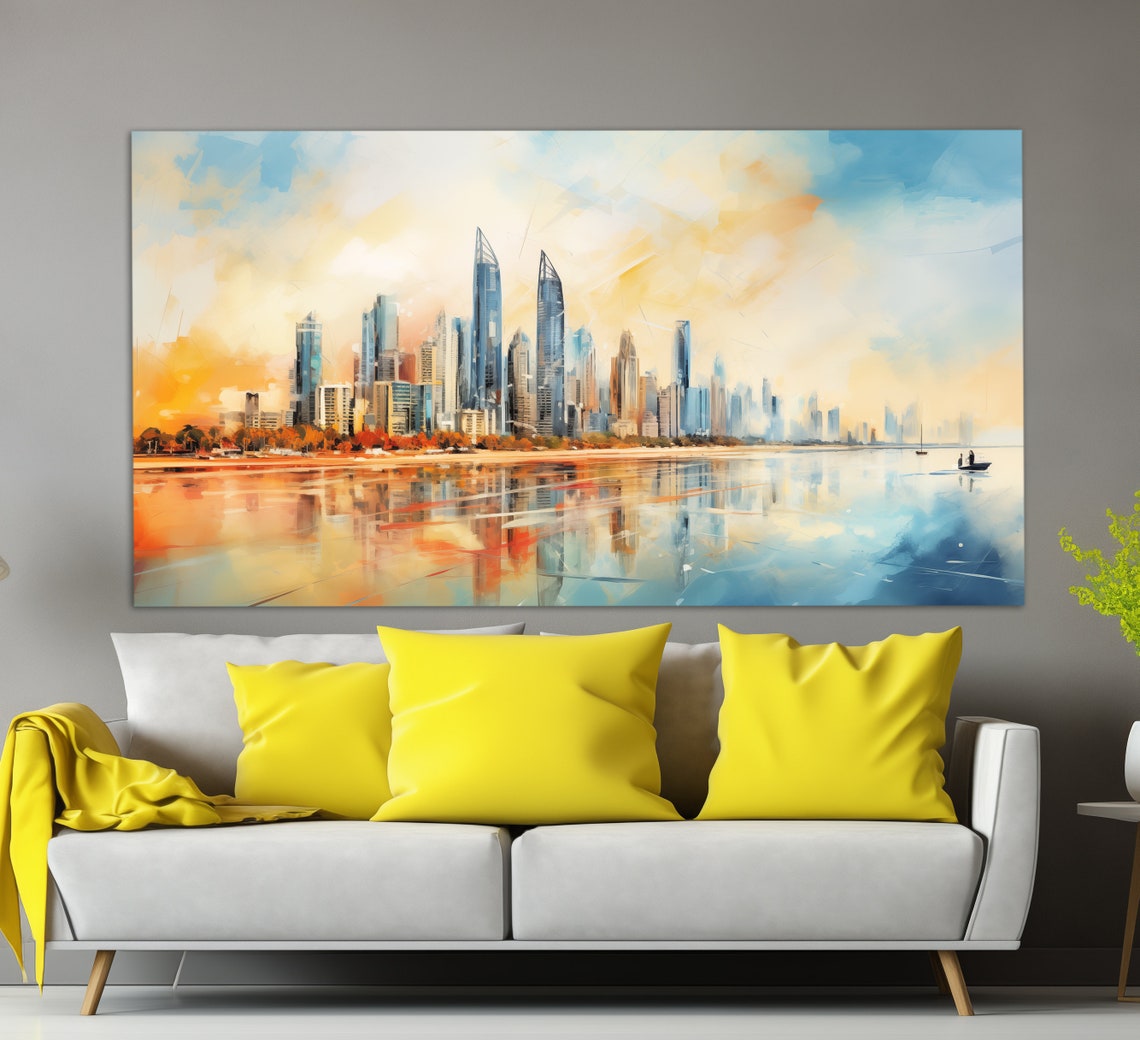 Abu Dhabi UAE Skyline Waterfront Watercolor Style Sunset Travel Poster