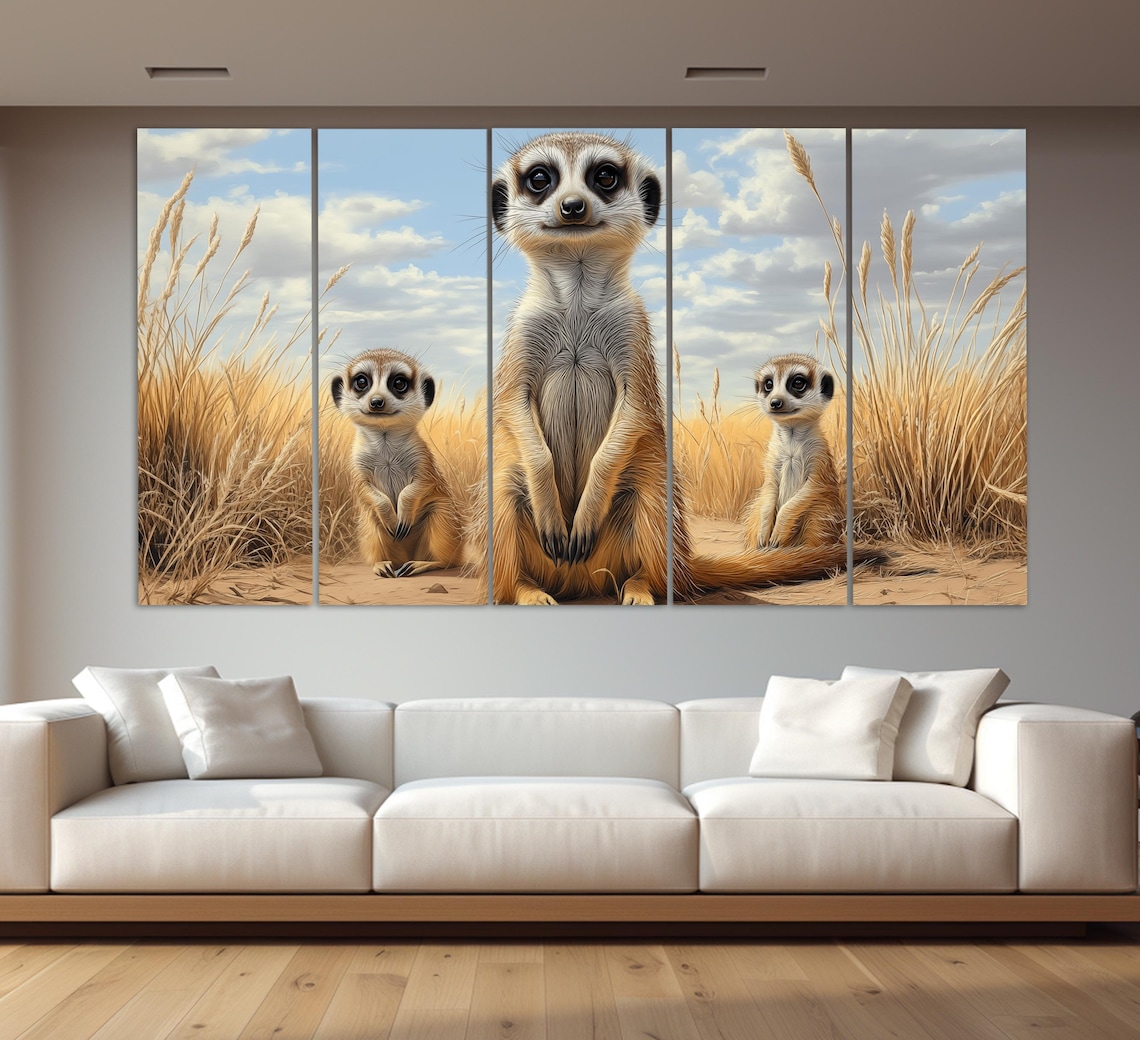 Meerkat Family Trio in Golden Grassland Cute Wildlife Art Poster - Image 3
