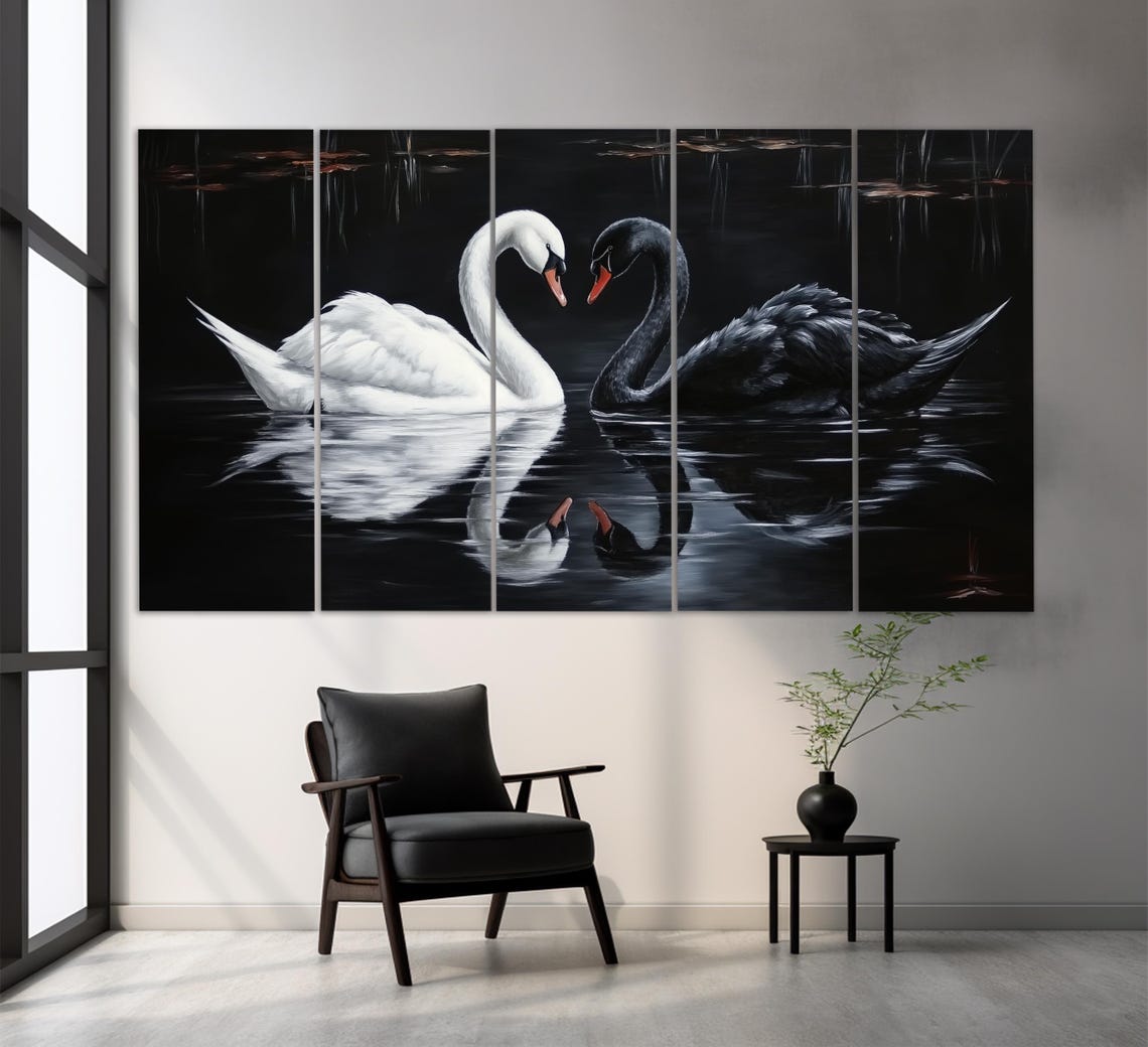 Black And White Swan Couple Heart Shape Dark Water Romantic Art Poster - Image 2