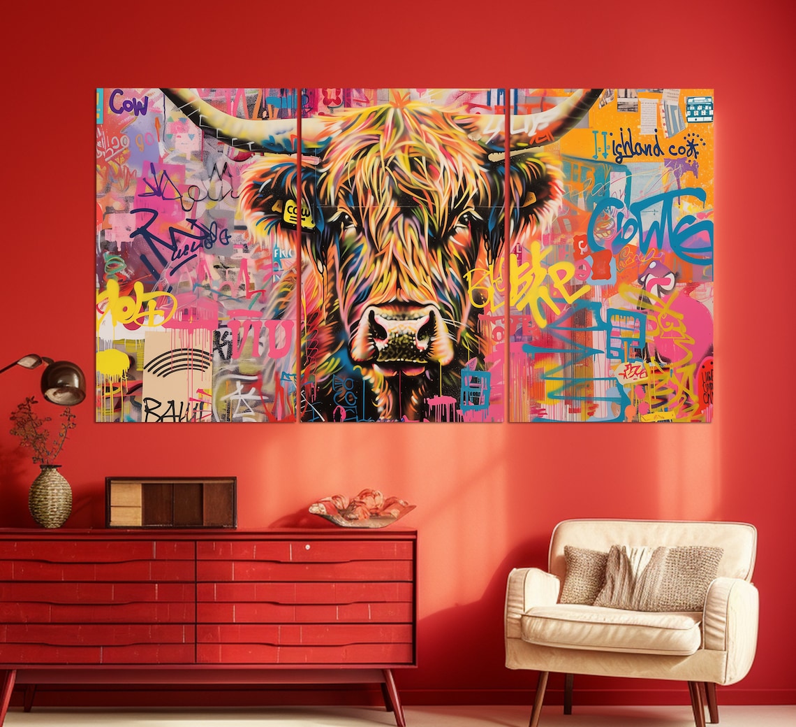 Abstract Highland Cow Pop Art Graffiti Art Print - Image 2