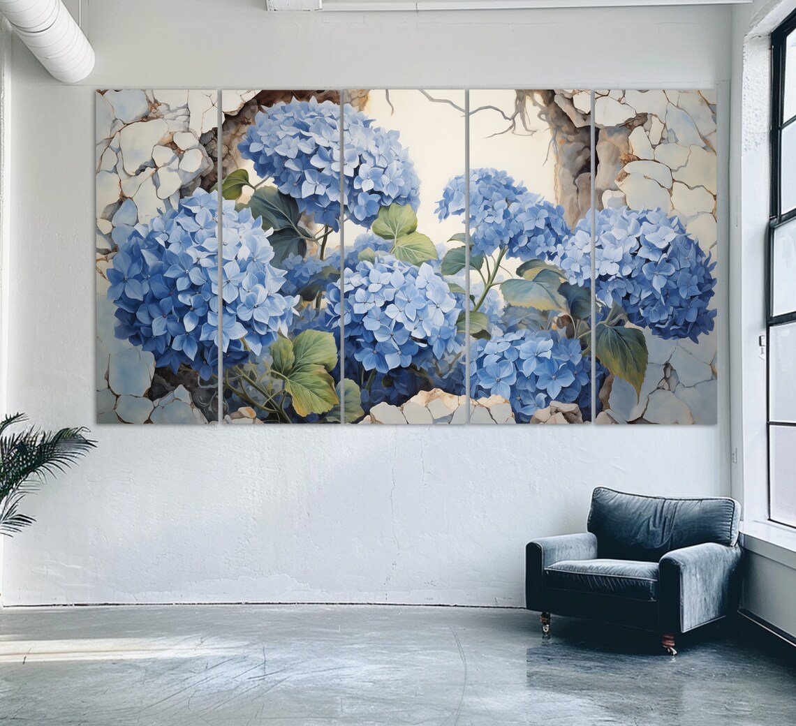 Blue Hydrangea Flowers, Floral Abstract Painting - Image 2