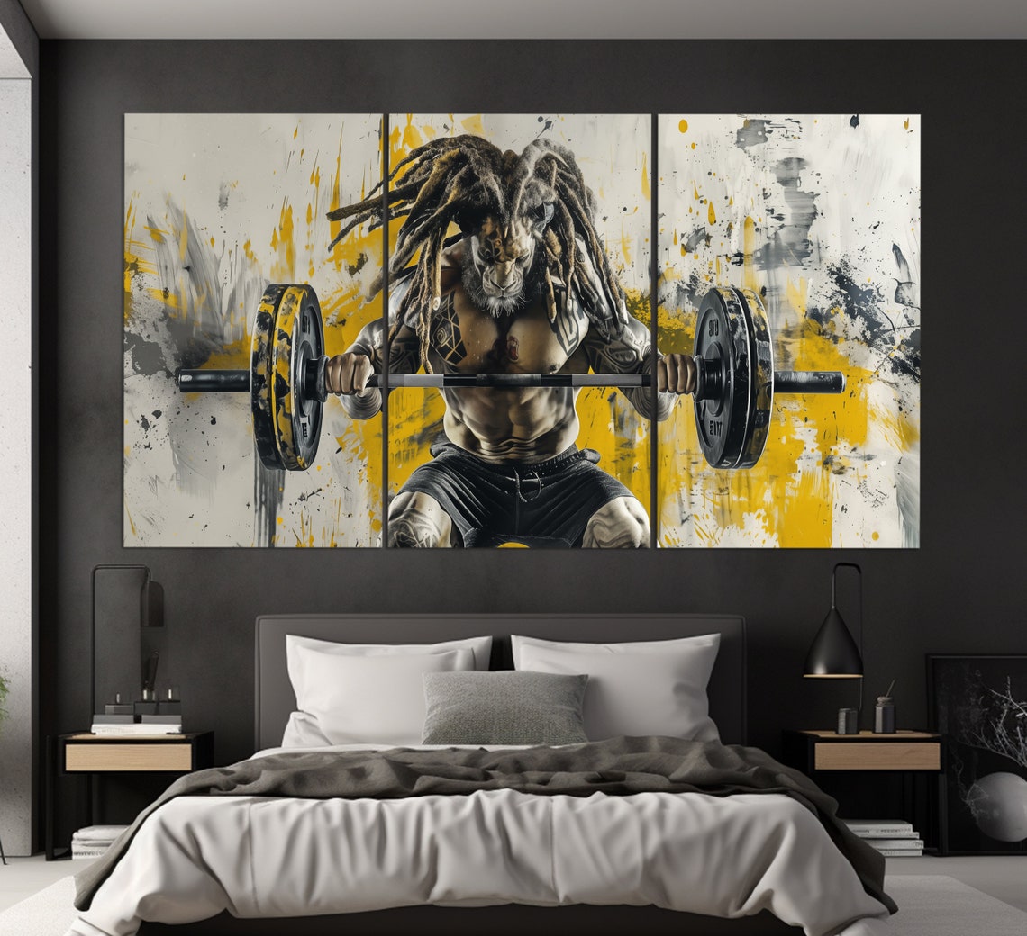 Lion Beast Barbell Squat Yellow Grunge Gym Fitness Motivation Poster - Image 2