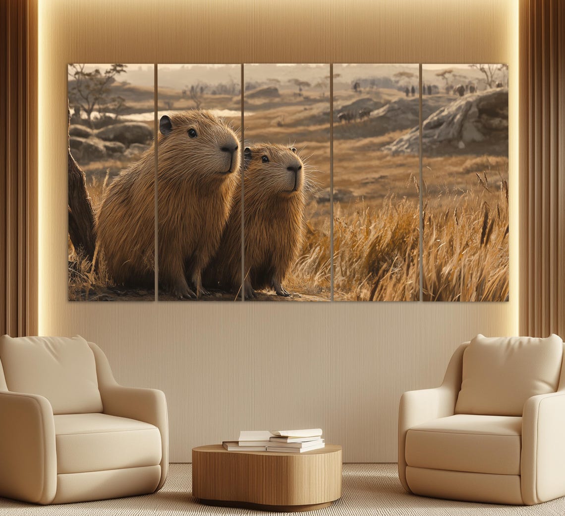 Capybara Couple in Golden Grassland Romantic Wildlife Art Poster - Image 2