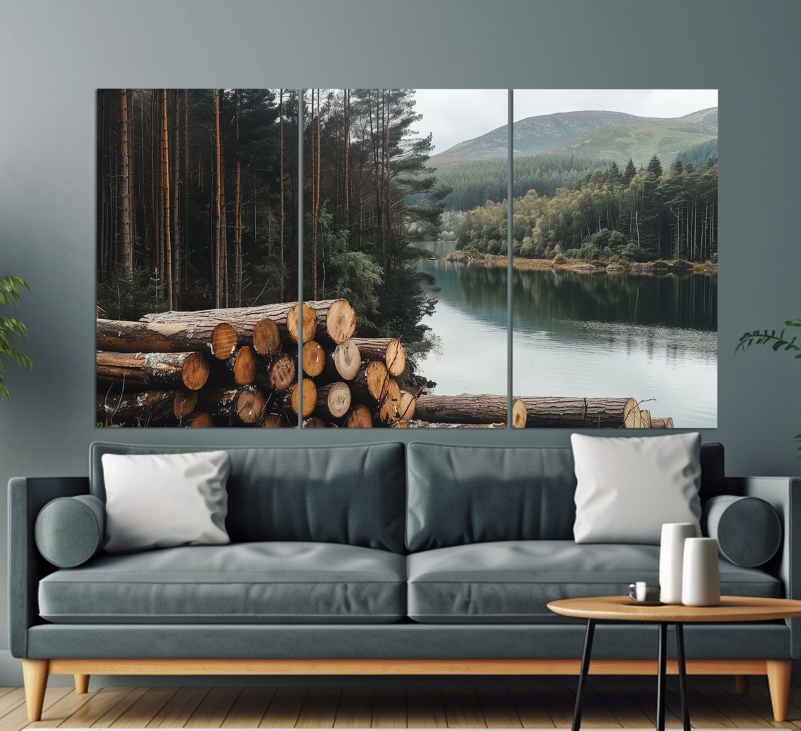 Cut Timber Logs Stacked By Scenic Forest Lake Mountain View Wall Art - Image 3
