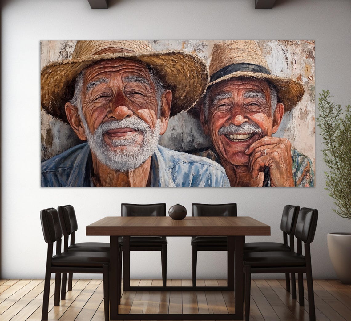 Two Smiling Old Men Straw Hats Portrait Friendship Warmth Art Poster - Image 4