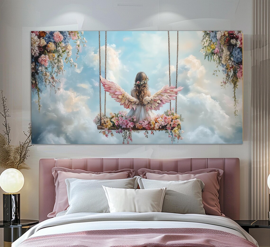 Little Angel Girl On Swing Whimsical Nursery Kids Room Wall Art Poster