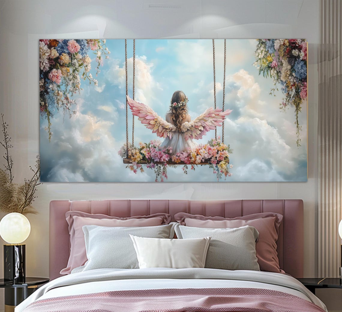 Little Angel On A Swing Print Angels Wall Art Kids Room Wall Art Modern Girl Bedroom Wall Decor Angel Painting Girl Room Decor