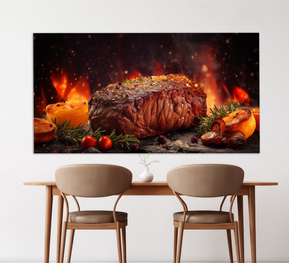 Juicy Grilled Steak Flames Rosemary Citrus Bold Kitchen Dining Poster