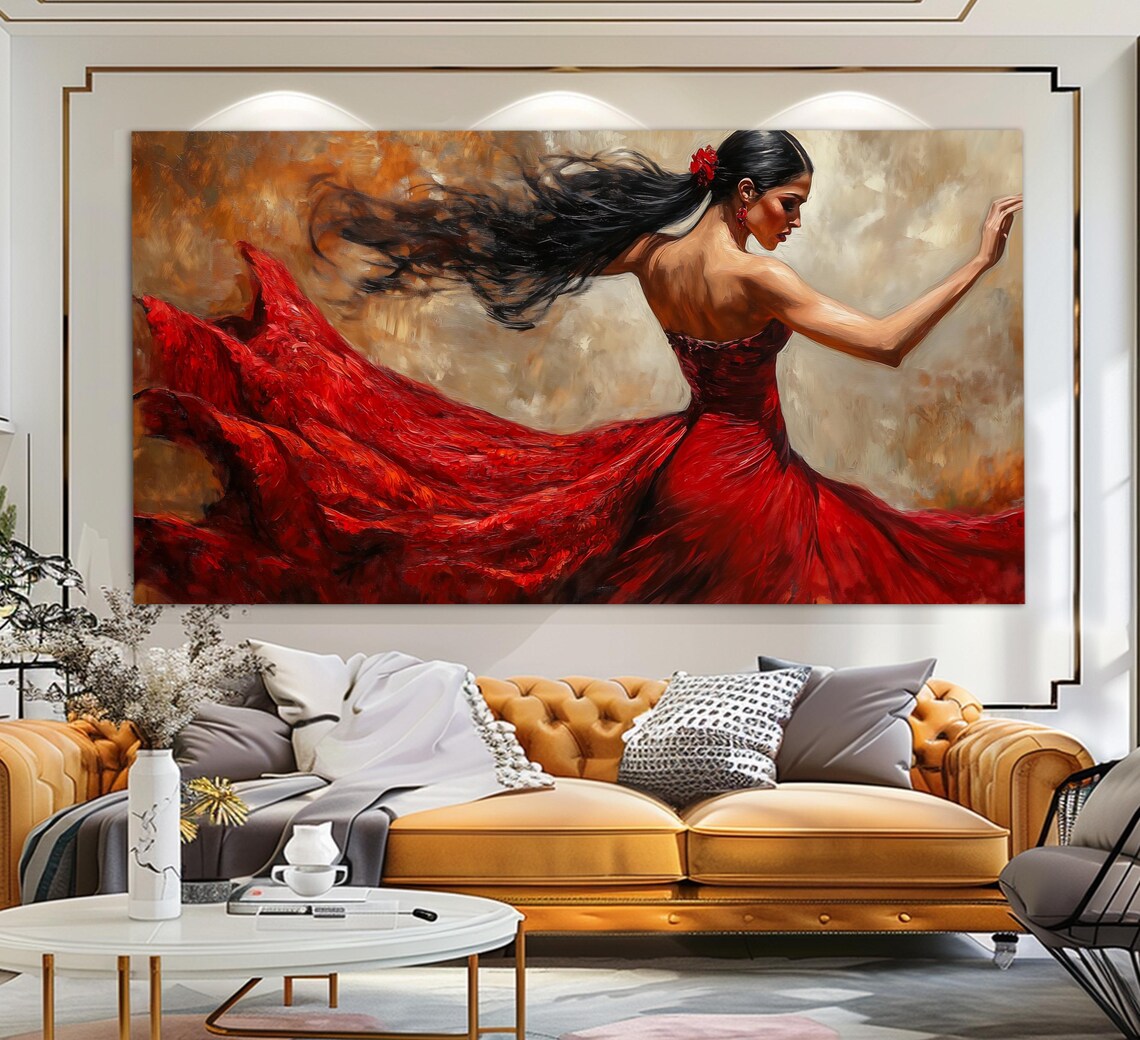 Flamenco Dancer Flowing Red Dress Twirling Motion Oil Painting Style Poster - Image 4