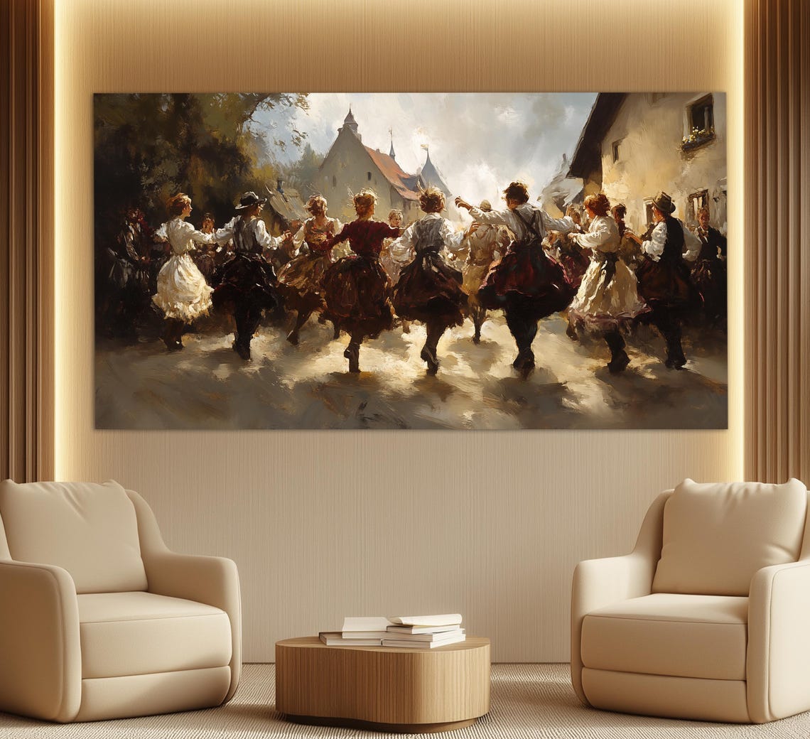 Bavarian Folk Dancers Dancing Village Square Retro Oil Painting Poster - Image 4
