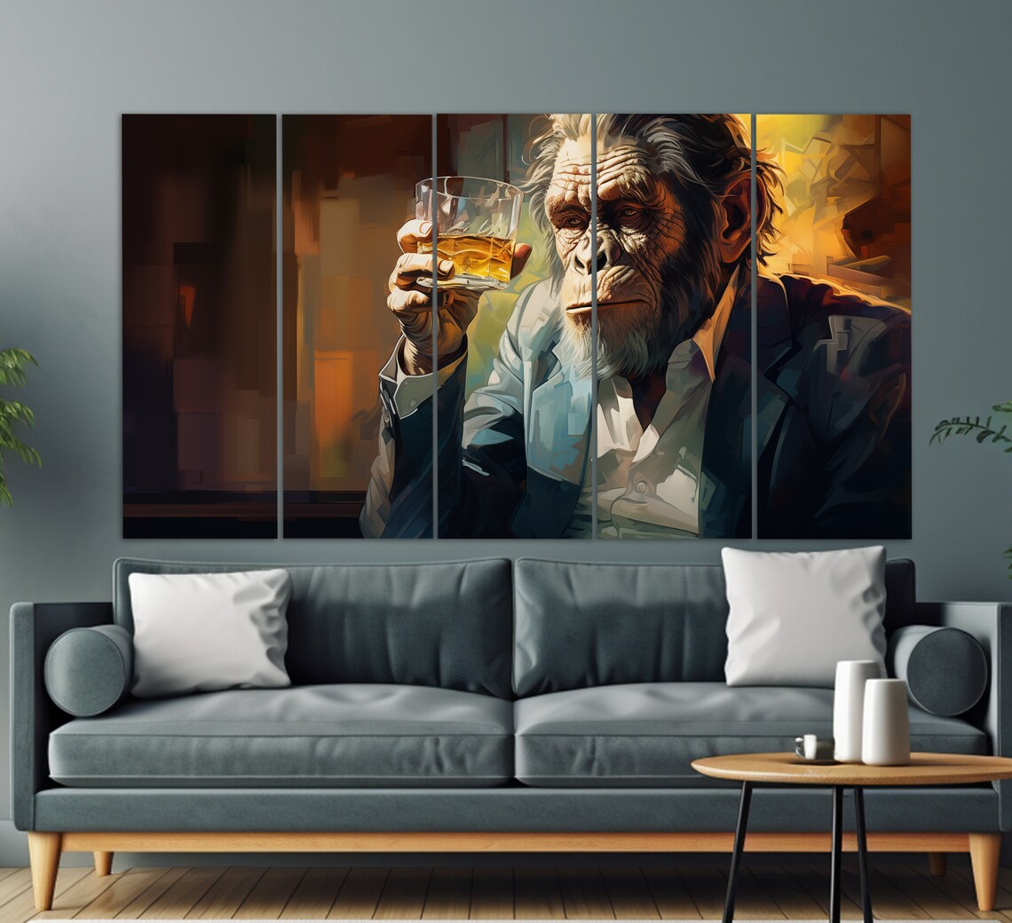 Chimpanzee In Suit Holding Glass Of Whiskey Humorous Office Bar Wall Art - Image 3