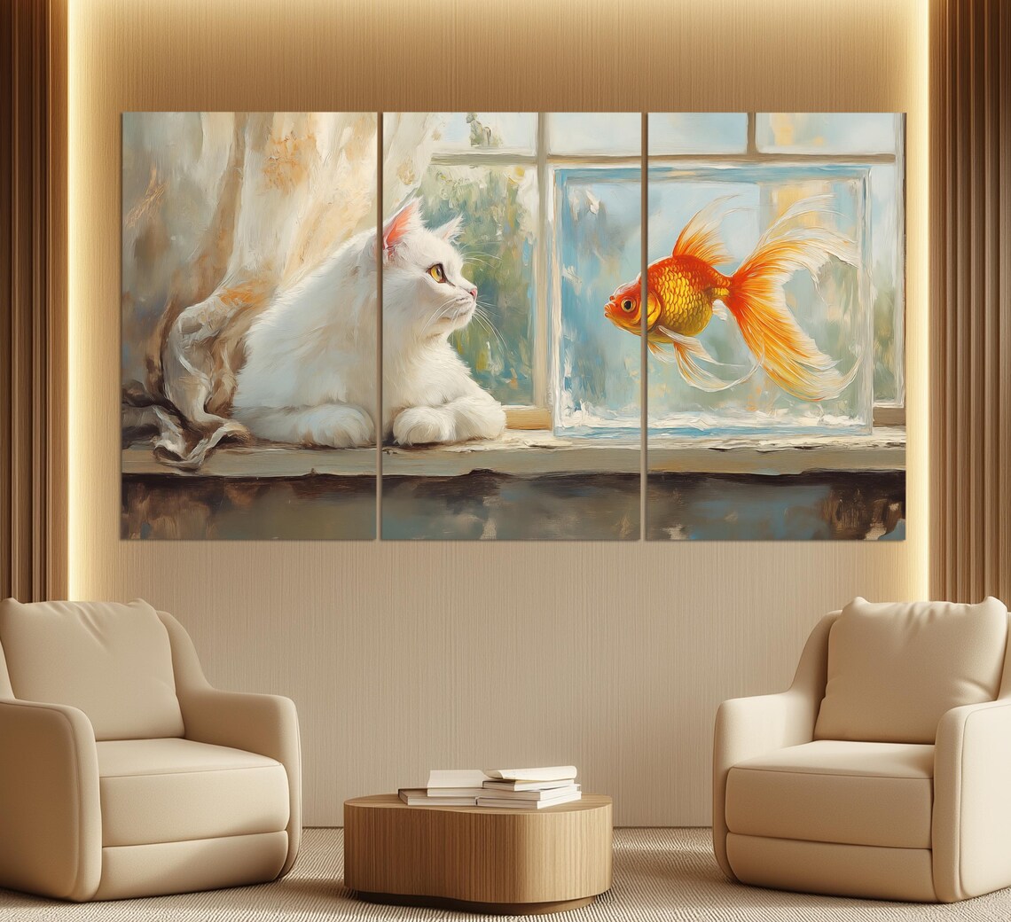 White Cat Watching Goldfish Aquarium Window Soft Oil Painting Style Poster - Image 3