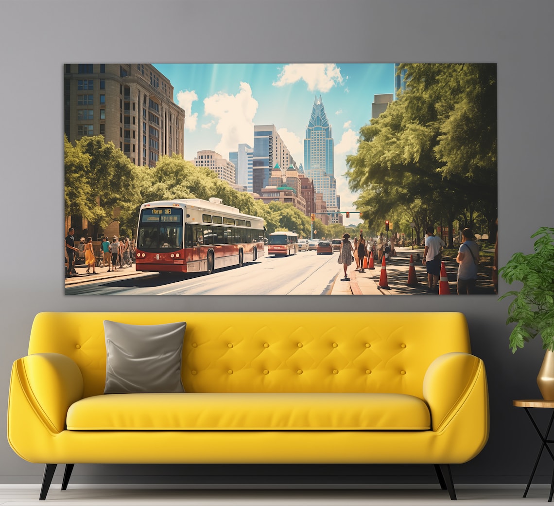 Austin Texas Downtown Street Bus Skyline Sunny Cityscape Travel Poster