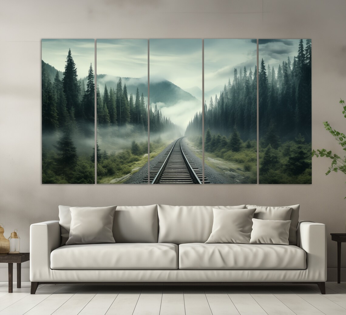 Railway Through The Foggy Forest, Travel Art Print - Image 2
