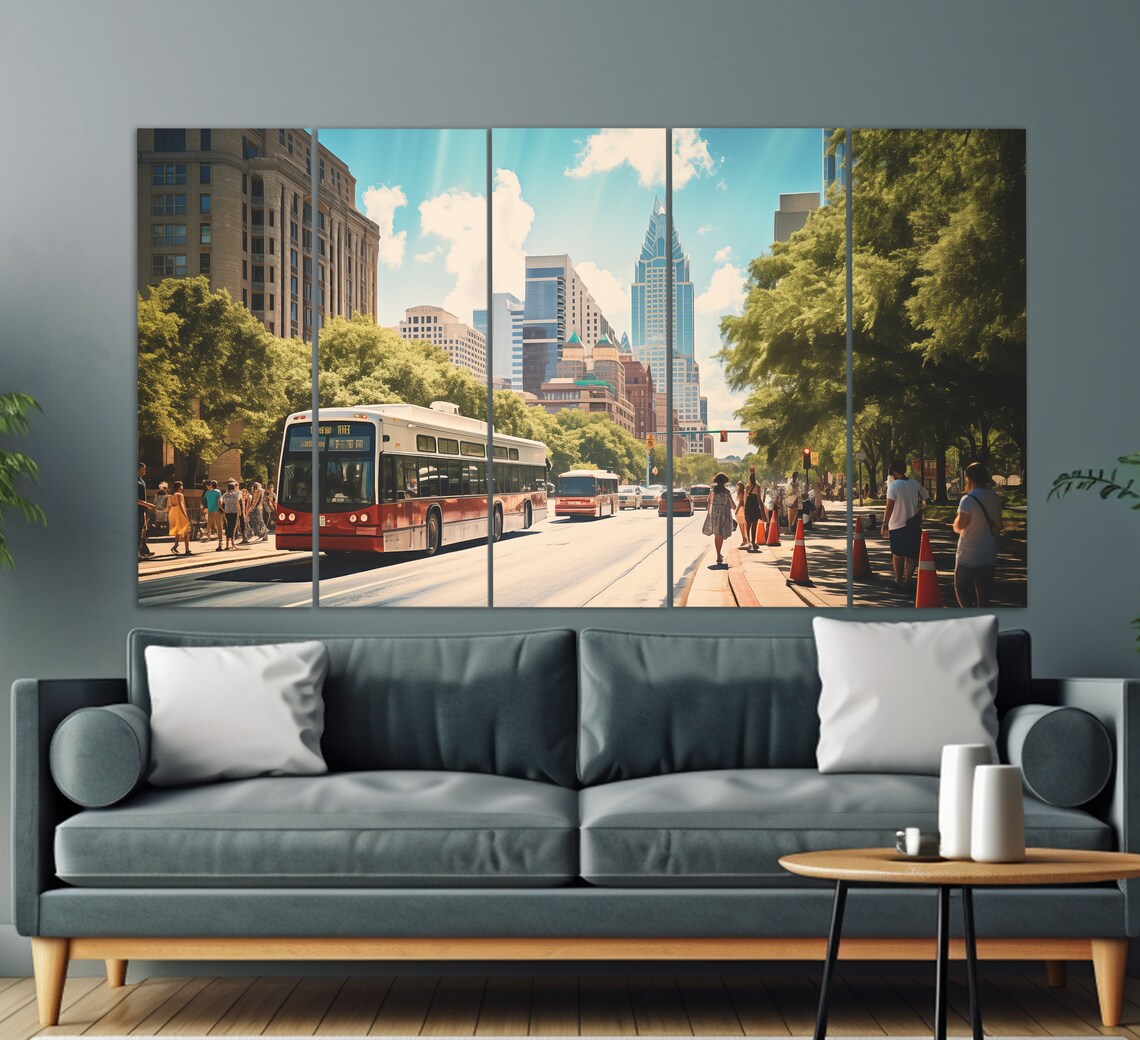 Austin Texas Downtown Street Bus Skyline Sunny Cityscape Travel Poster - Image 2