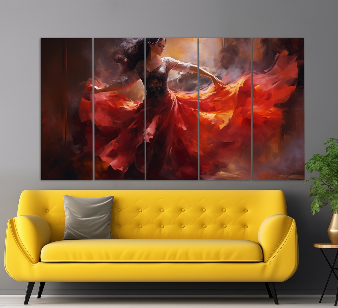 Passionate Flamenco Dancer Red Dress Swirling Skirt Oil Painting Poster - Image 5