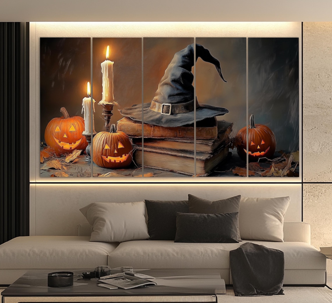 Witch Hat On Spell Books With Jack O Lanterns And Candles Halloween Poster - Image 2