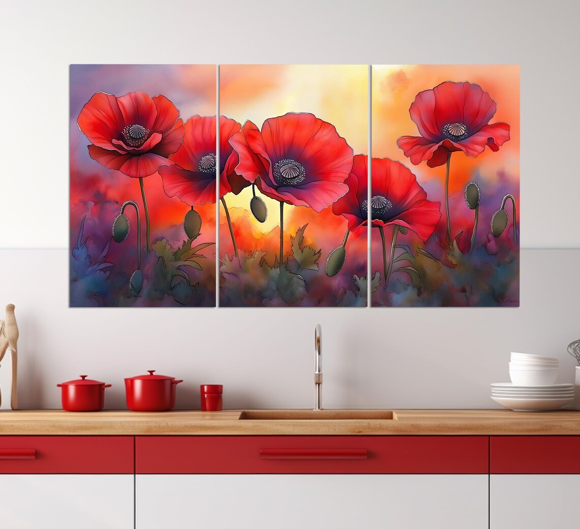 Vivid Red Poppies Meadow Blooming Floral Oil Painting Wall Art Poster - Image 3