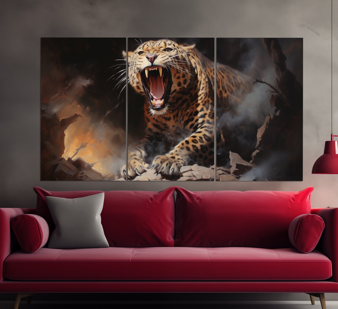 Roaring Leopard Dramatic Vintage Oil Painting Powerful Big Cat Wall Art Print - Image 6