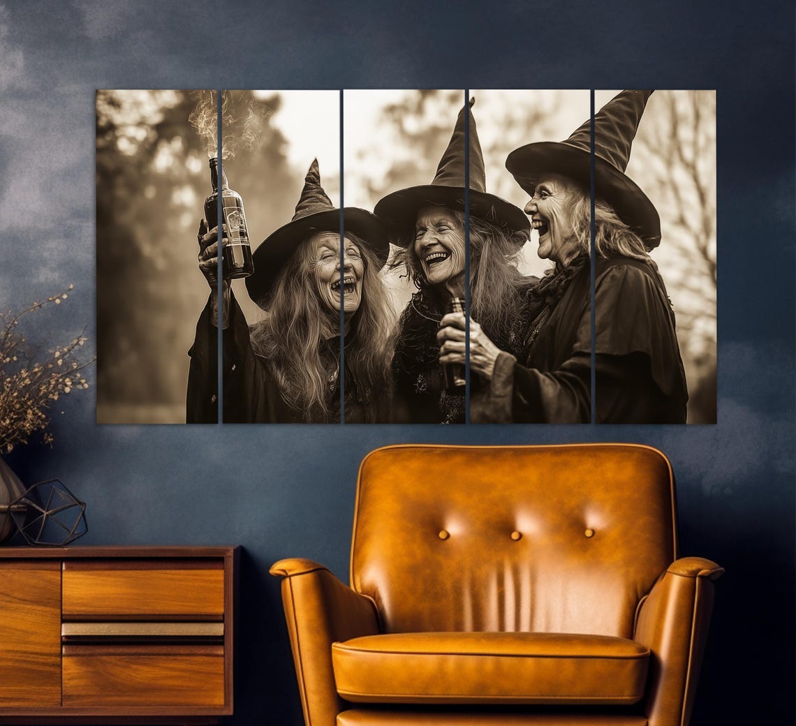 Three Old Witches Laughing Vintage Sepia Photo Style Gothic Wall Art - Image 2