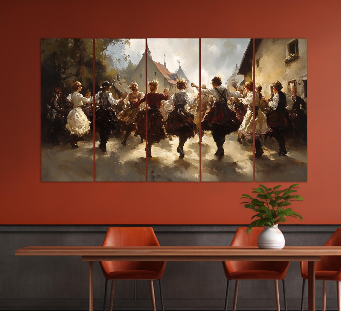 Bavarian Folk Dancers Dancing Village Square Retro Oil Painting Poster - Image 5