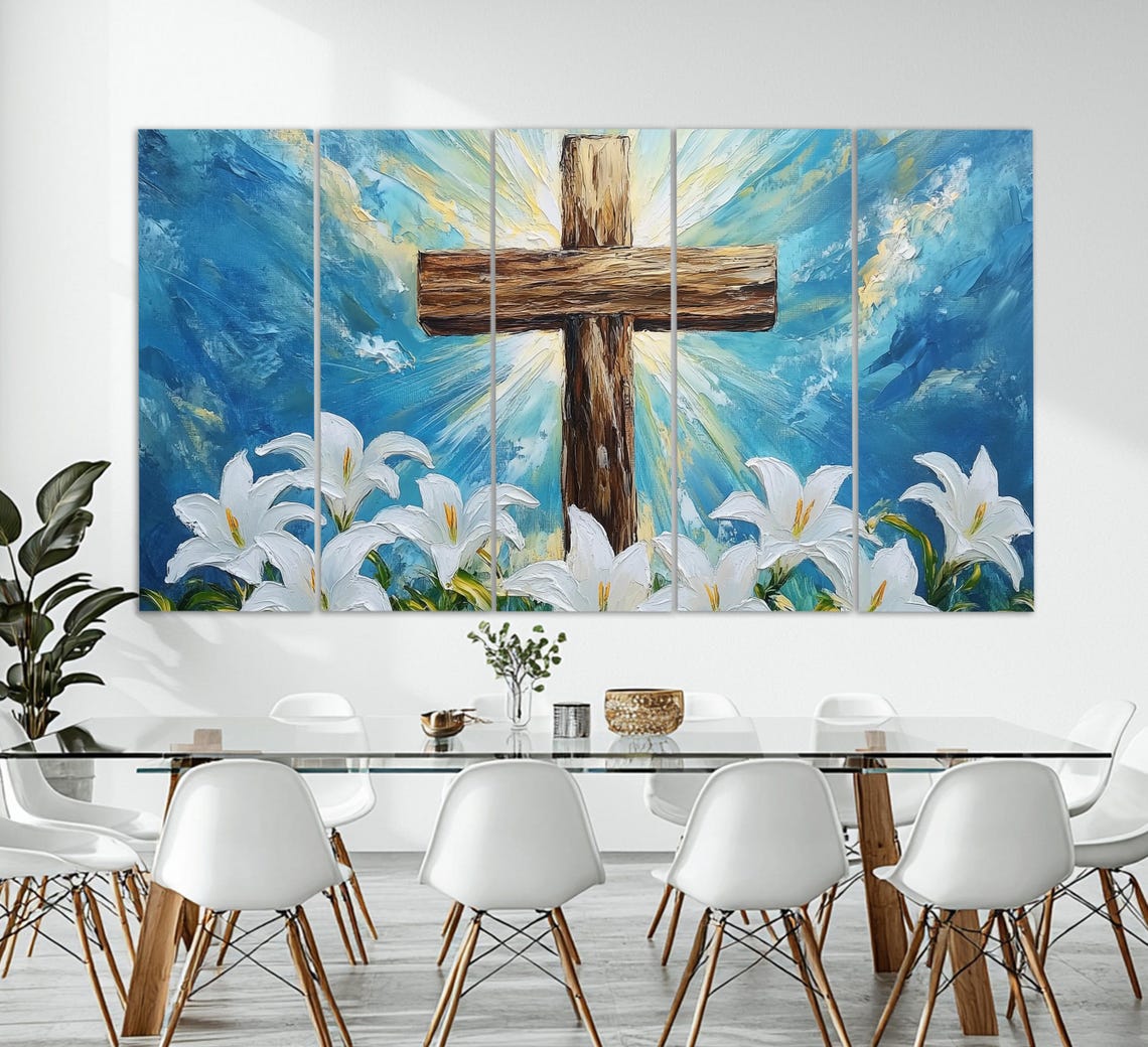 Wooden Cross With White Lilies And Heavenly Light Blue Sky Wall Art - Image 2