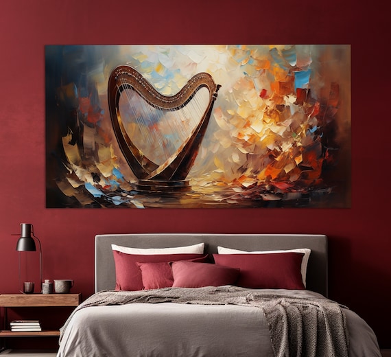 Harpist Girl With Wine Glass Abstract Harp Golden Oil Painting Poster