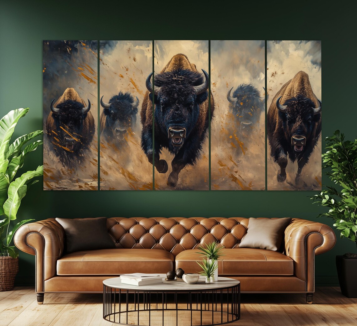Herd Of Charging Bison Dusty Sepia Triptych Powerful Western Wildlife Poster - Image 5