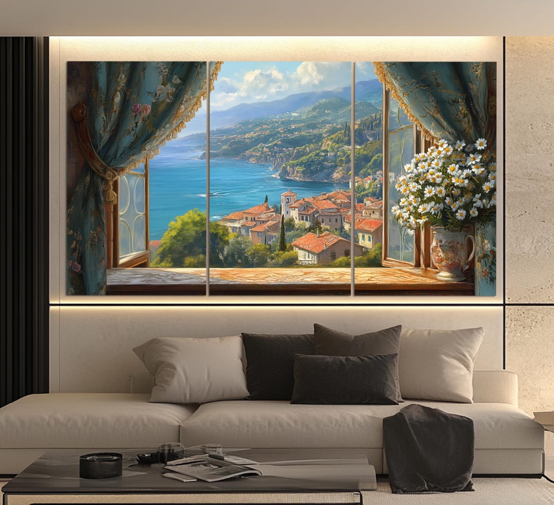 Italian Coastal Village View From Open Window With Daisies Wall Art - Image 5