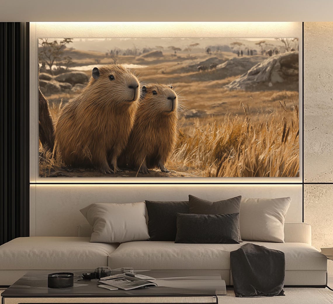 Capybara Couple in Golden Grassland Romantic Wildlife Art Poster