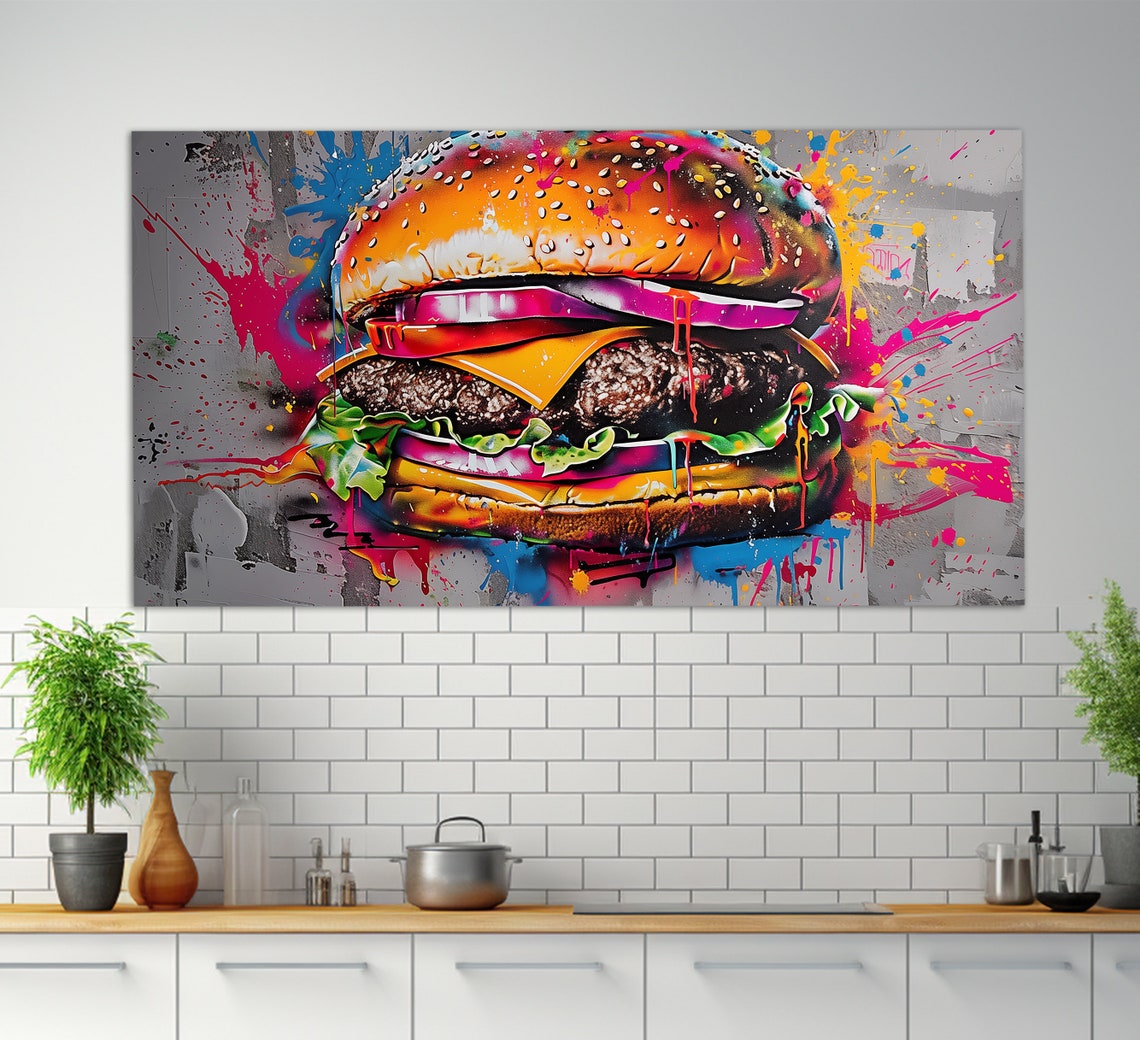 Graffiti Cheeseburger Pop Art Splatter Colorful Kitchen Wall Art