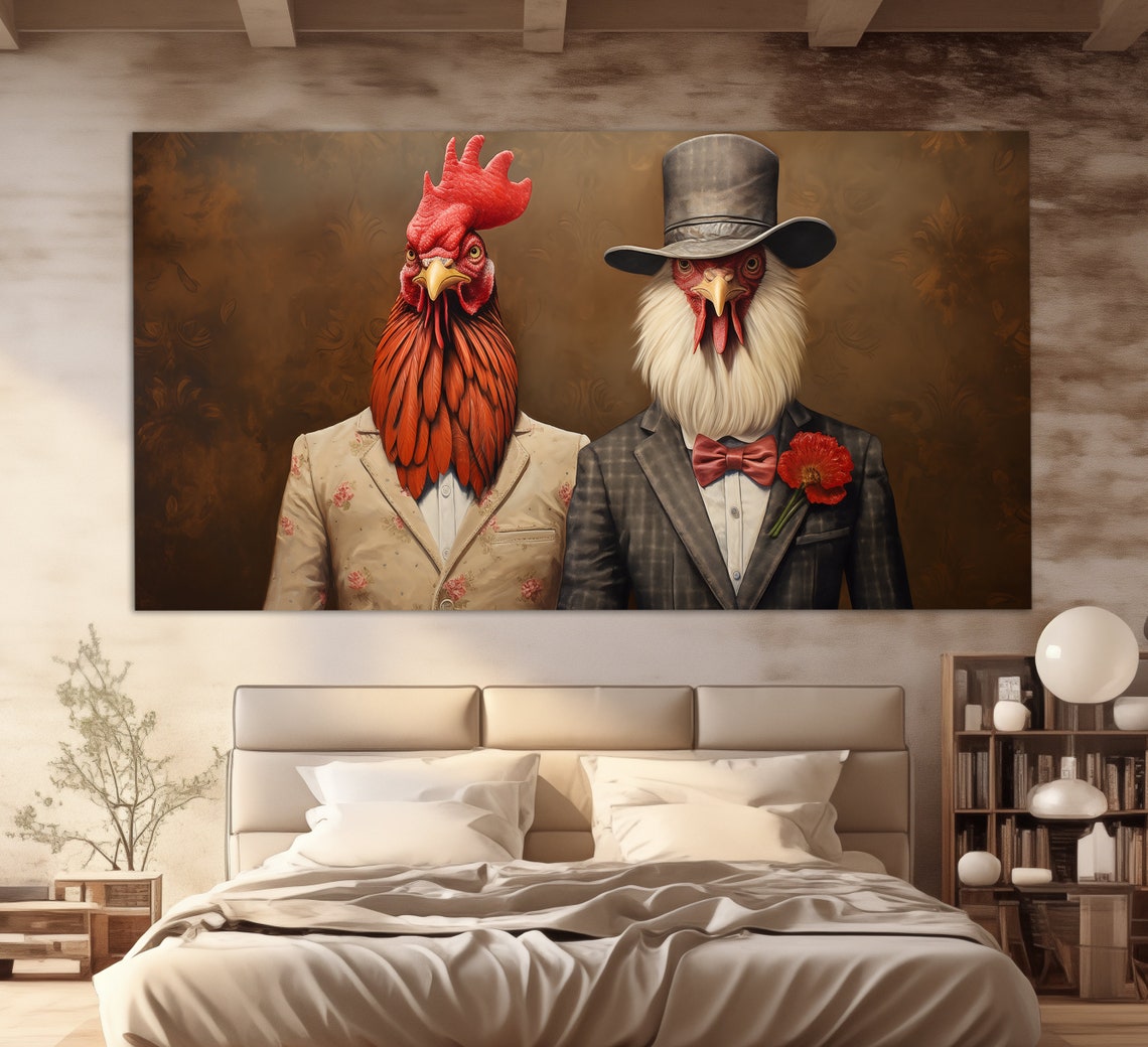 Two Roosters In Dapper Suits Top Hat Gentlemen Farmhouse Humor Poster