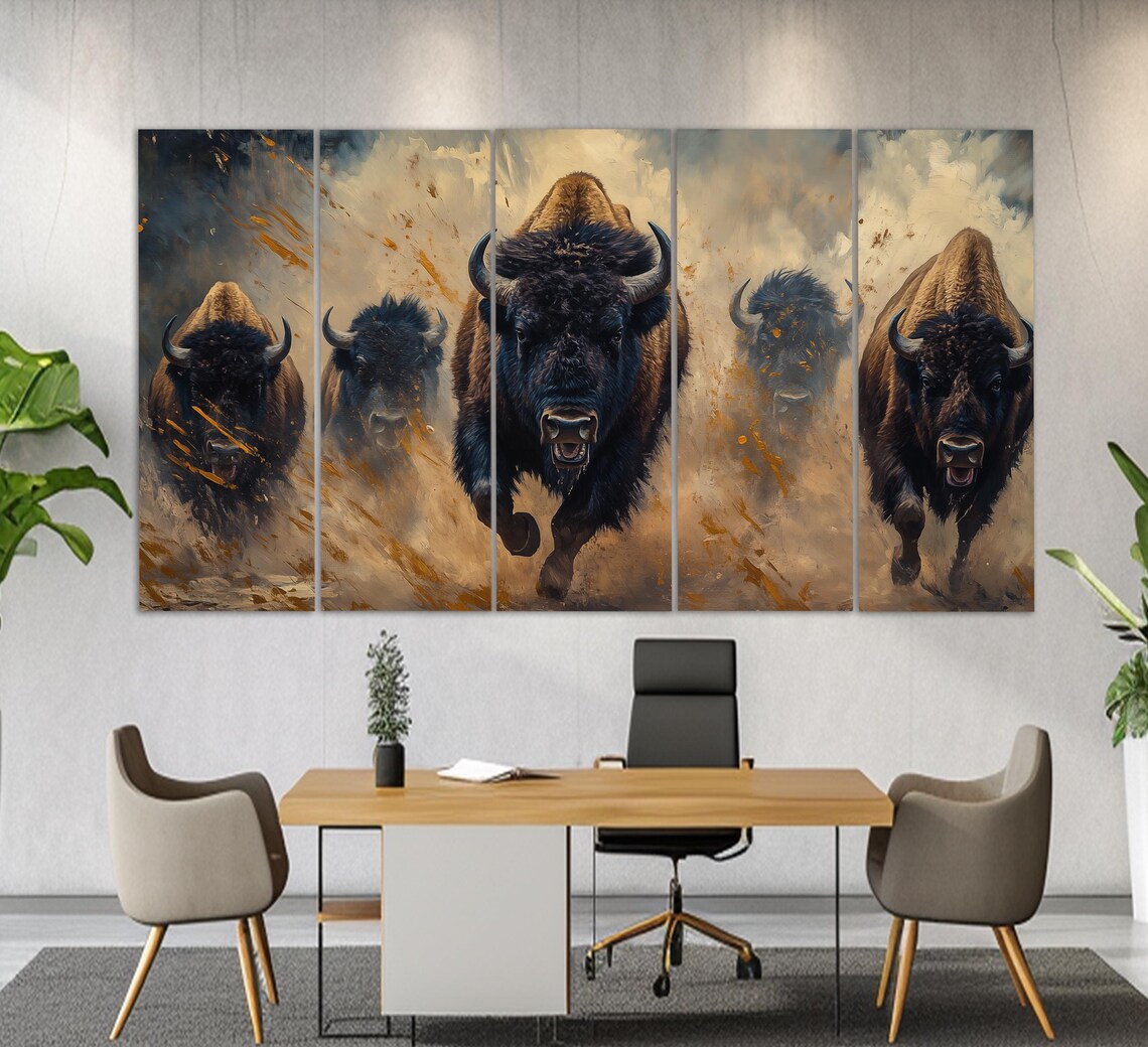 Herd Of Charging Bison Dusty Sepia Triptych Powerful Western Wildlife Poster - Image 2