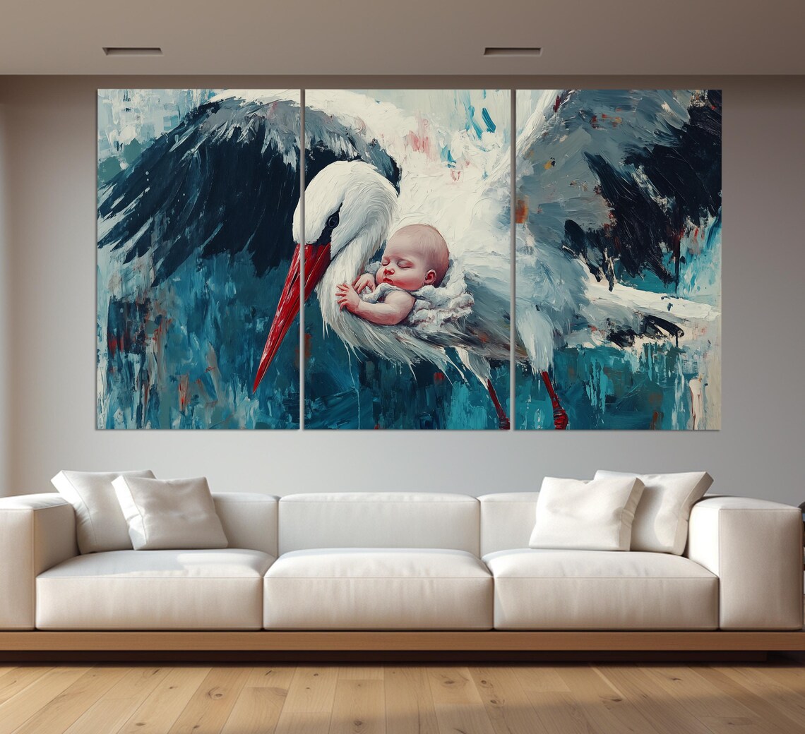Stork Delivering Baby In Blanket Vintage Oil Painting Nursery Poster - Image 3