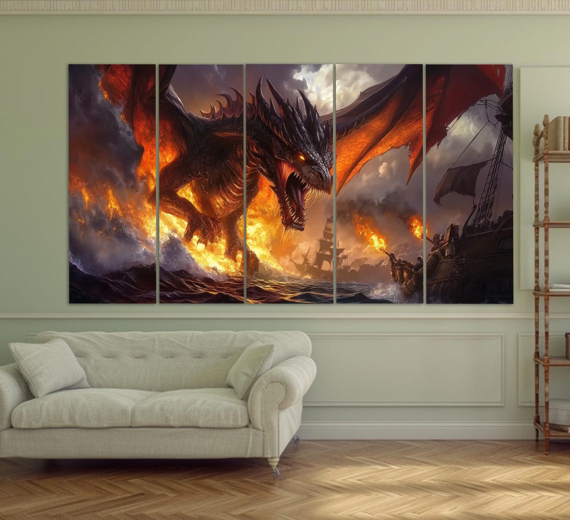 Fight With Dragon Print In A Vintage Oil Painting Style Sea Fantasy Wall Art Dragon Painting Medieval Wall Art Sea Battle Poster - Image 2