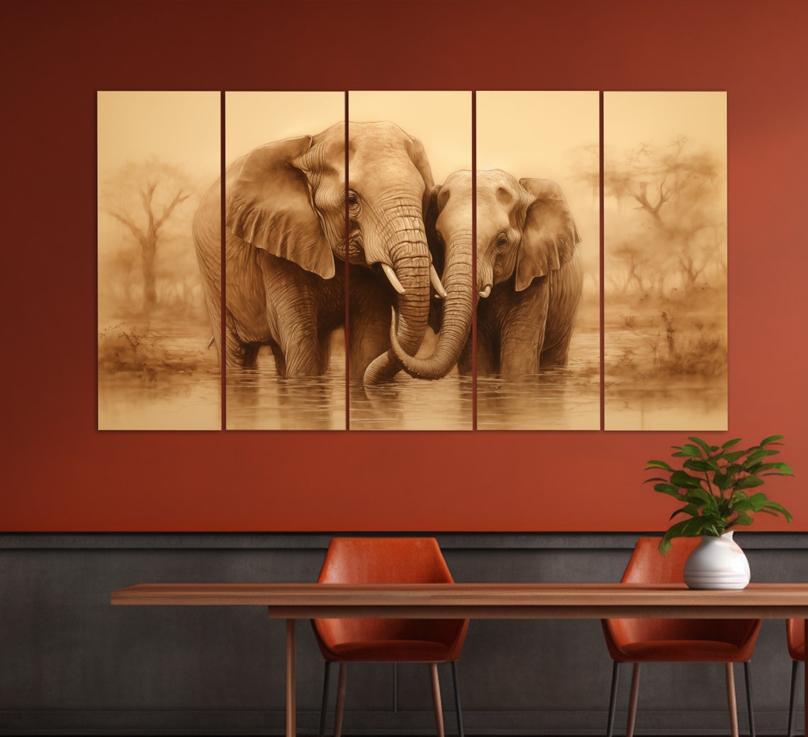 Elephant Couple Trunks Intertwined Water Sepia Golden Wildlife Poster - Image 5