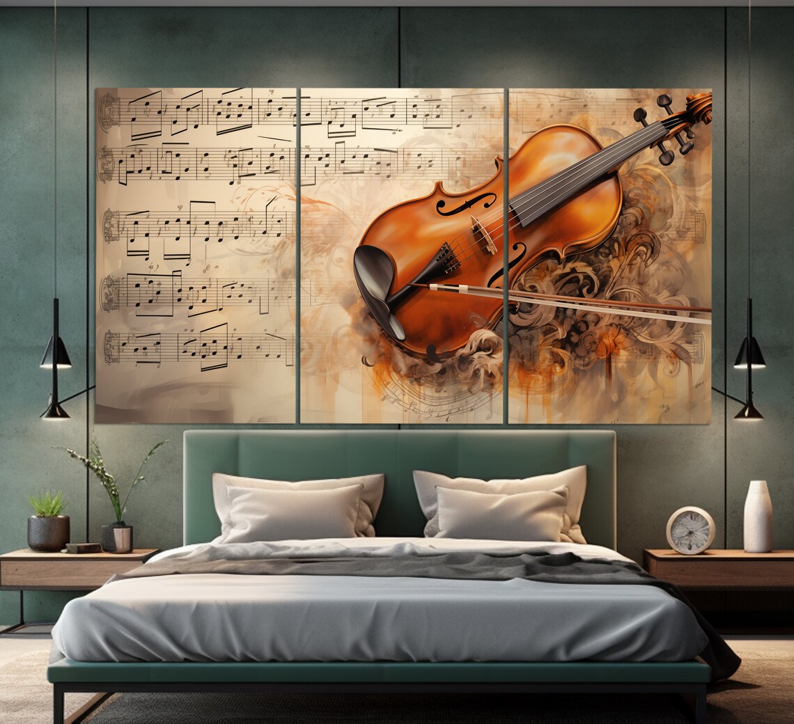 Vintage Violin And Bow On Sheet Music Notes Sepia Oil Painting Wall Art - Image 3