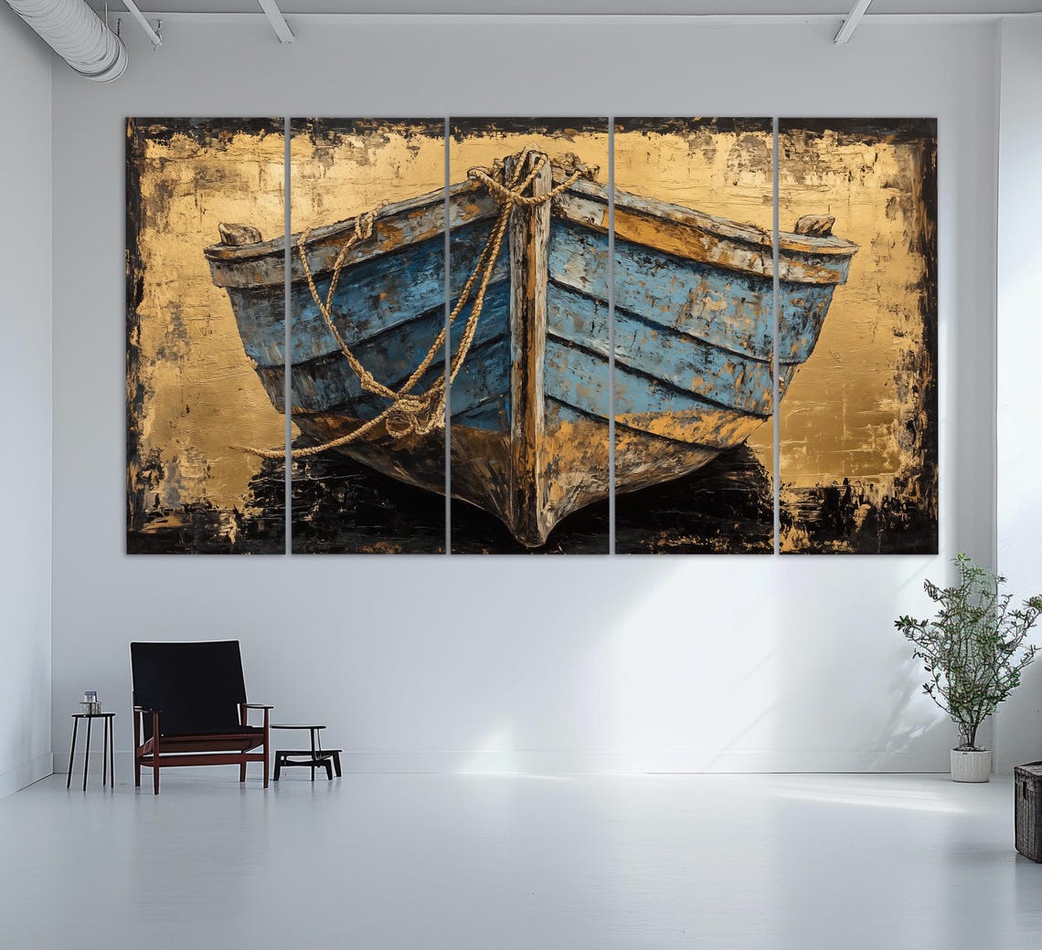 Old Wooden Boat Print In A Vintage Oil Painting Style Abstract Fishing Wall Art Old Fishing Boat Painting Retro Nautical Poster - Image 5