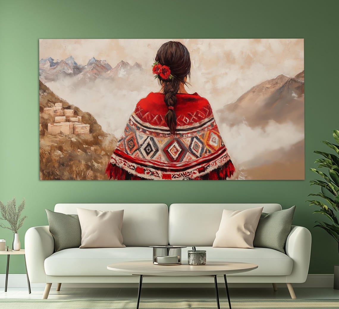 Peruvian Woman In Red Poncho Braid With Roses Overlooking Andes Poster